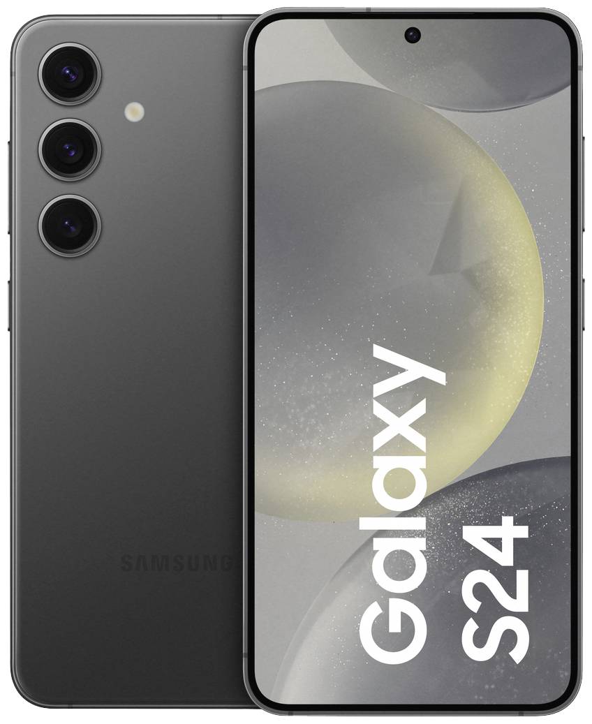 Ein schwarzes Smartphone-Modell 'Galaxy S24' von Samsung. Links die Rückseite mit drei Kameralinsen, rechts die Vorderseite mit dem Display.