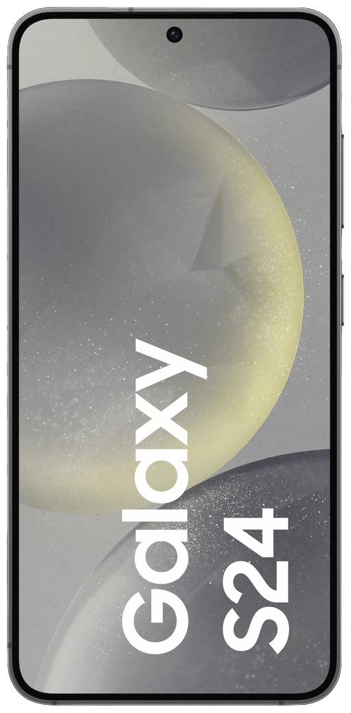 Ein Smartphone mit großem Bildschirm zeigt das Logo 'Galaxy S24' in weißer Schrift vor einem grauen, abstrakten Hintergrund.