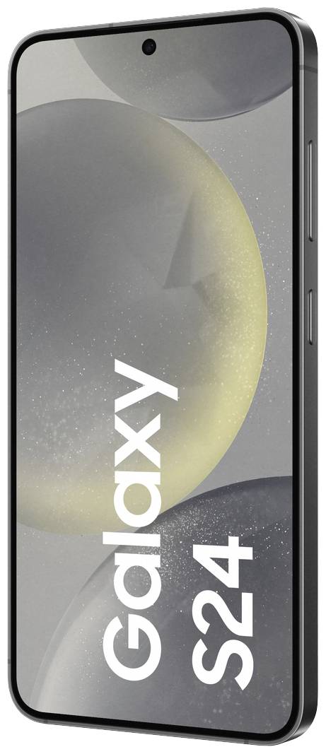 Smartphone Samsung Galaxy S24 in Frontansicht mit Display, das ein abstraktes Hintergrundbild zeigt. Vorderseite mit Markenname sichtbar.