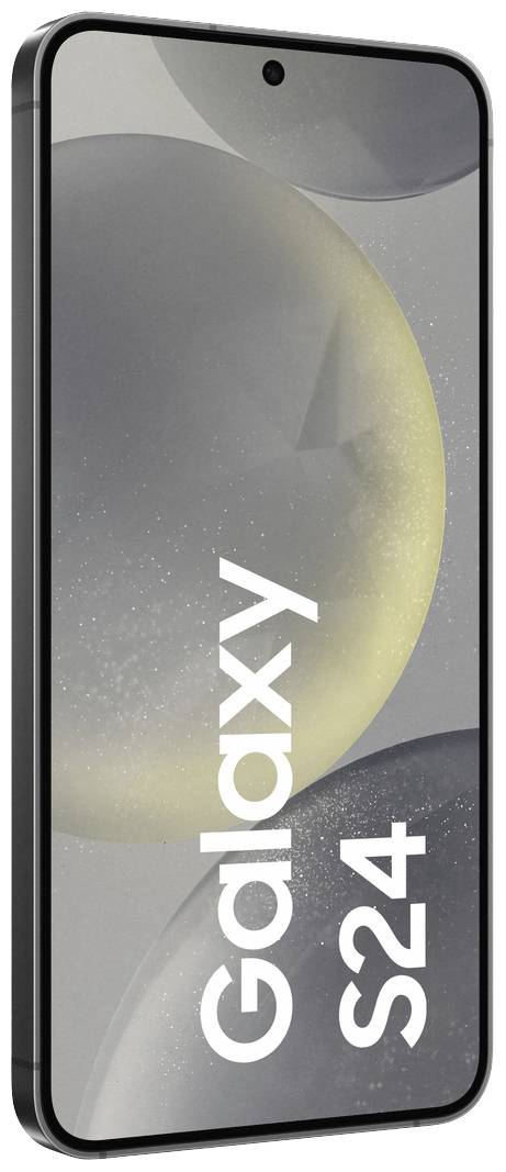Smartphone in seitlicher Ansicht mit scharfem, randlosem Display und der Aufschrift 'Galaxy S24'. Hintergrund zeigt abstrakte Formen.