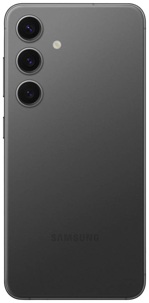 Ein schwarzes Smartphone mit drei Kameras und einem Blitz befindet sich auf der Rückseite. Oben links sind die Kameralinsen vertikal angeordnet.