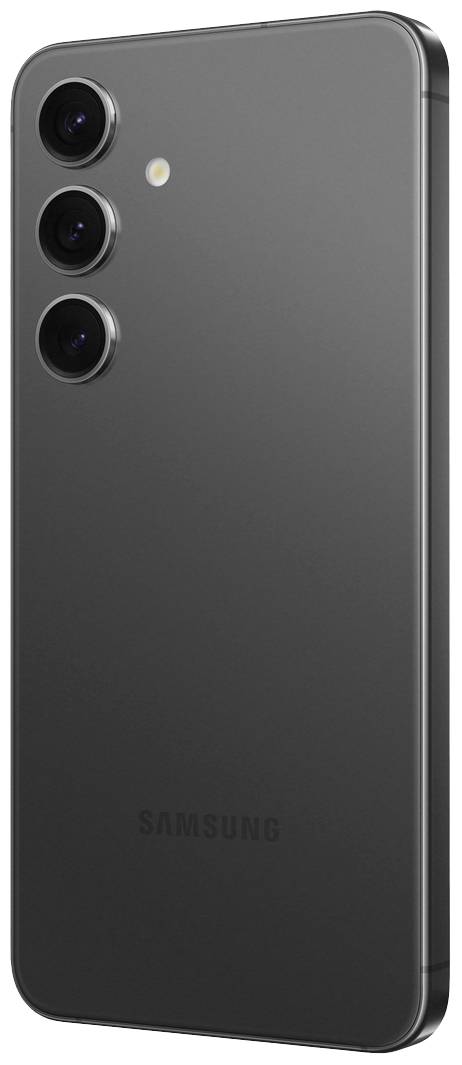 Schwarzes Smartphone von hinten mit drei Kameralinsen und einem Blitzlicht auf der Rückseite, darunter das Markenlogo.