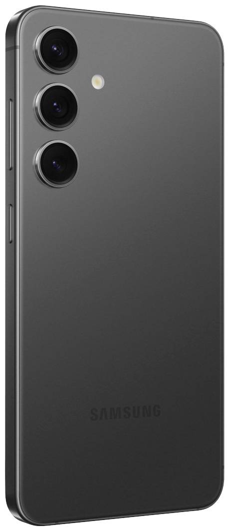 Ein schwarzes Smartphone mit drei Kameralinsen und einem Blitz auf der Rückseite. Das Gehäuse ist schlicht und elegant gestaltet.