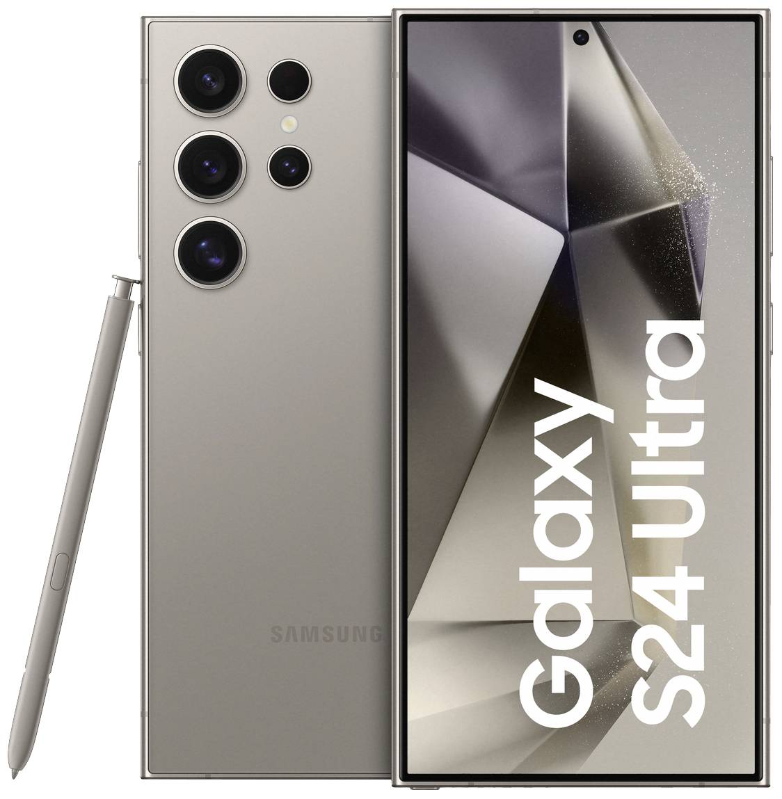 Das Bild zeigt ein Samsung Galaxy S24 Ultra in Beige mit S Pen. Auf dem Bildschirm des Telefons steht 'Galaxy S24 Ultra'.