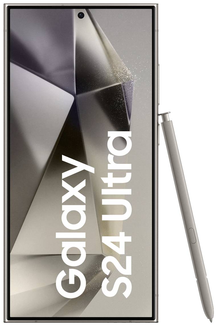 Smartphone mit großem Display, gezeigte Aufschrift 'Galaxy S24 Ultra', daneben ein Eingabestift. Fokus liegt auf glänzendem Design.
