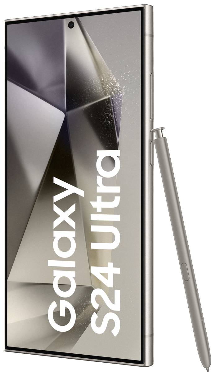 Smartphone mit großem Display und dazugehörigem Stift, auf dem Display steht 'Galaxy S24 Ultra'.