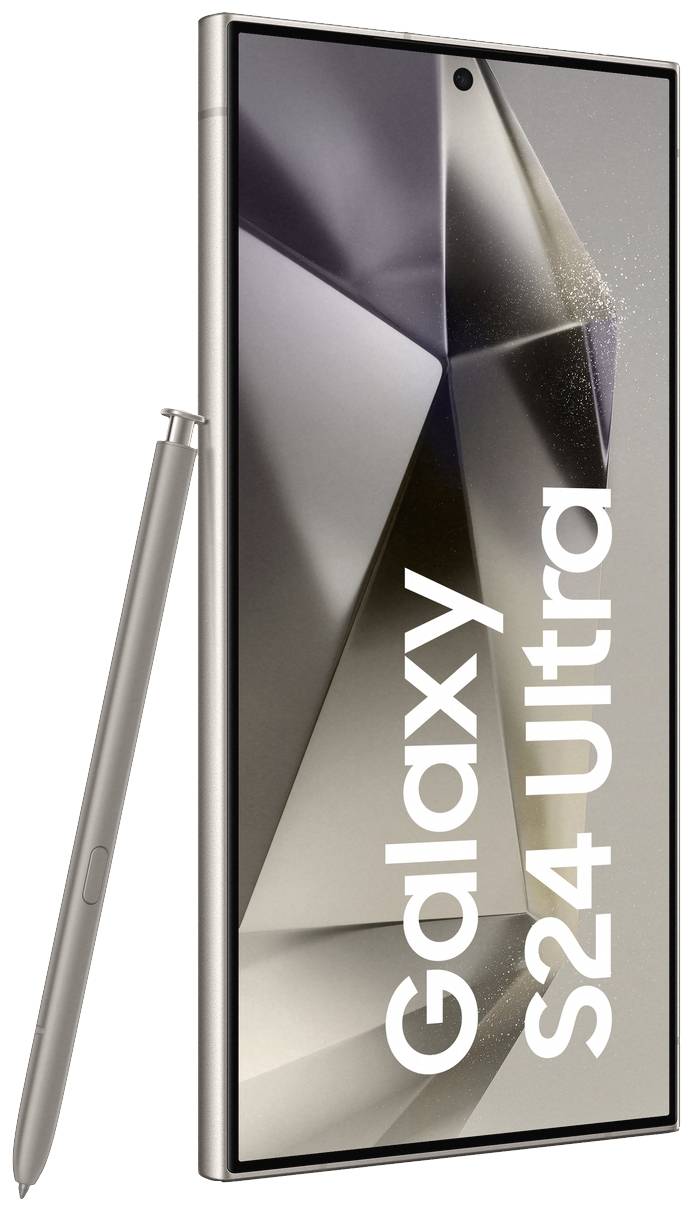 Smartphone 'Galaxy S24 Ultra' mit Stylus vor geometrischem Hintergrund.