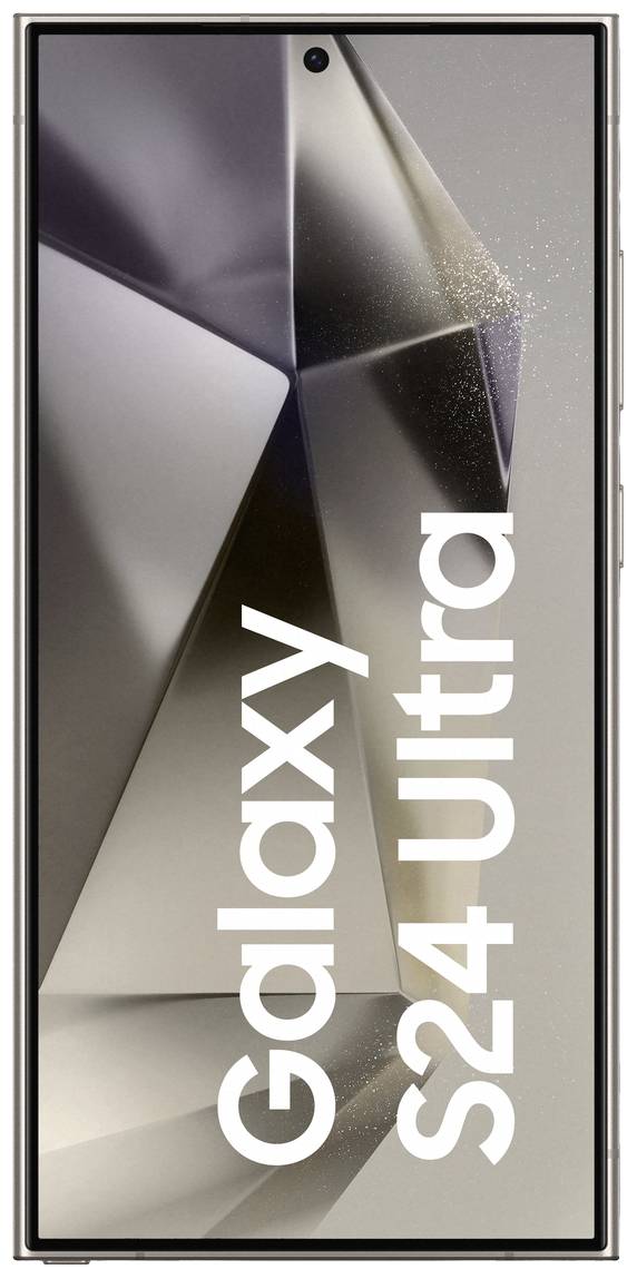 Smartphone mit der Aufschrift 'Galaxy S24 Ultra' auf dem Bildschirm, zeigt ein modernes, geometrisches Design im Hintergrund.