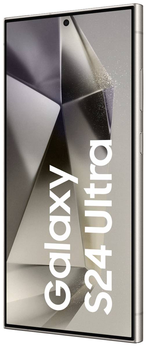 Smartphone mit dem Text 'Galaxy S24 Ultra' auf dem Bildschirm, zeigt glänzende, geometrische Muster.