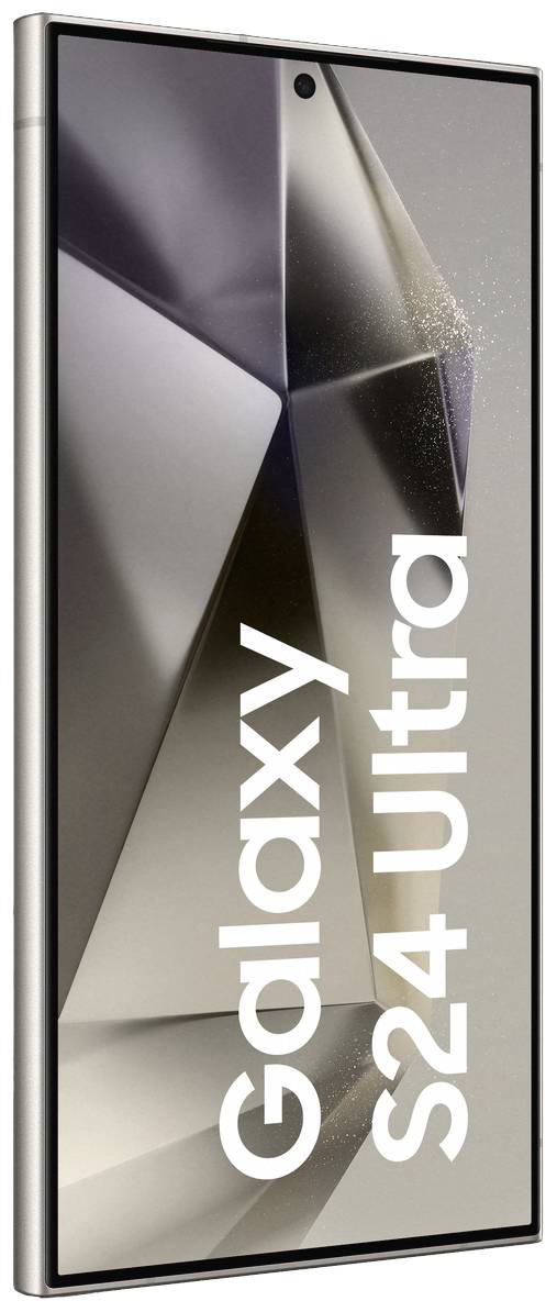 Smartphone mit Display von der Seite gezeigt. Auf dem Bildschirm steht 'Galaxy S24 Ultra'. Das Design wirkt modern und schlank.