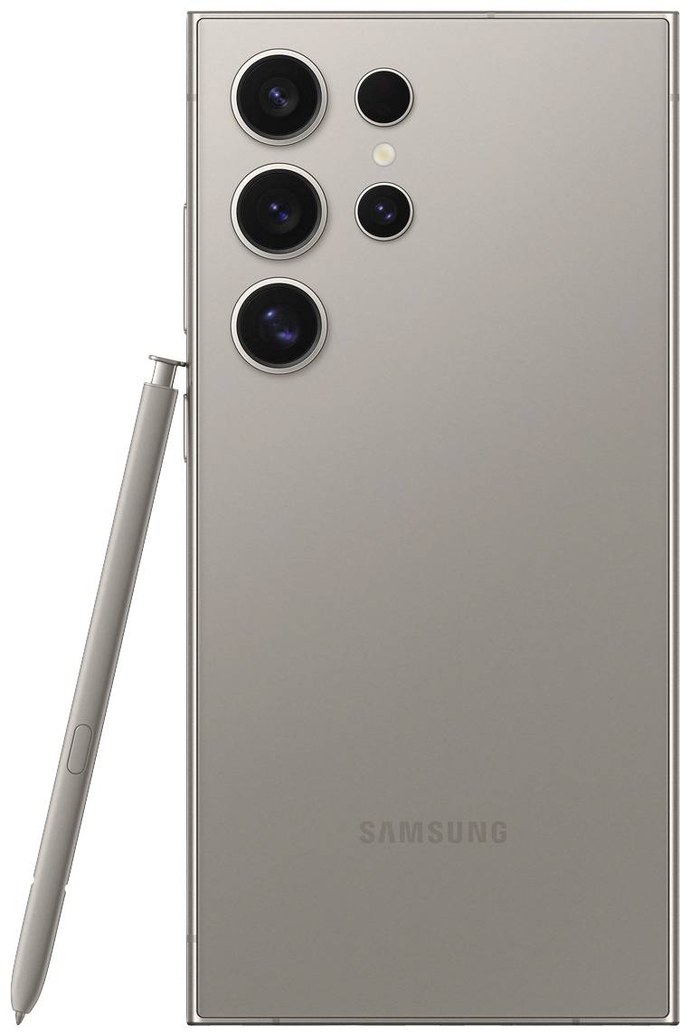 Rückansicht eines Samsung-Smartphones mit mehreren Kameralinsen und einem Stift auf der linken Seite.