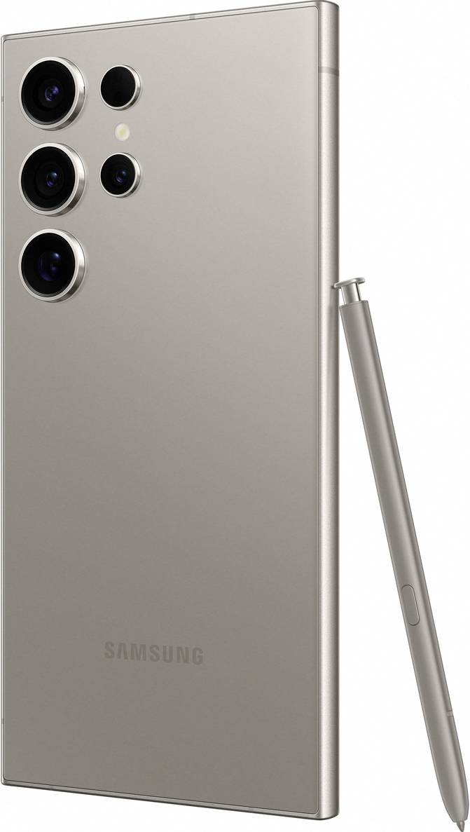 Ein modernes Smartphone mit vier Kameralinsen auf der Rückseite. Ein zugehöriger Stift liegt daneben. Markennamen auf der Rückseite.