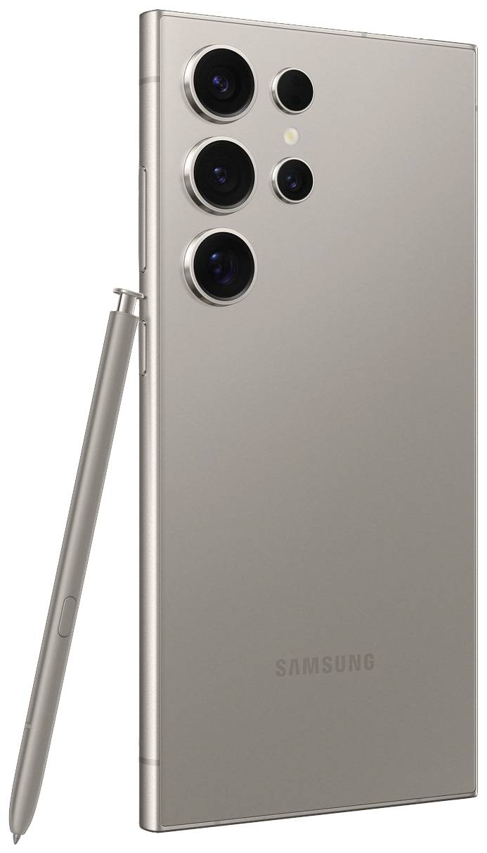 Ein modernes Smartphone mit vier Kameralinsen und einem Stylus ist sichtbar. Das Gerät hat ein elegantes, metallisches Design.