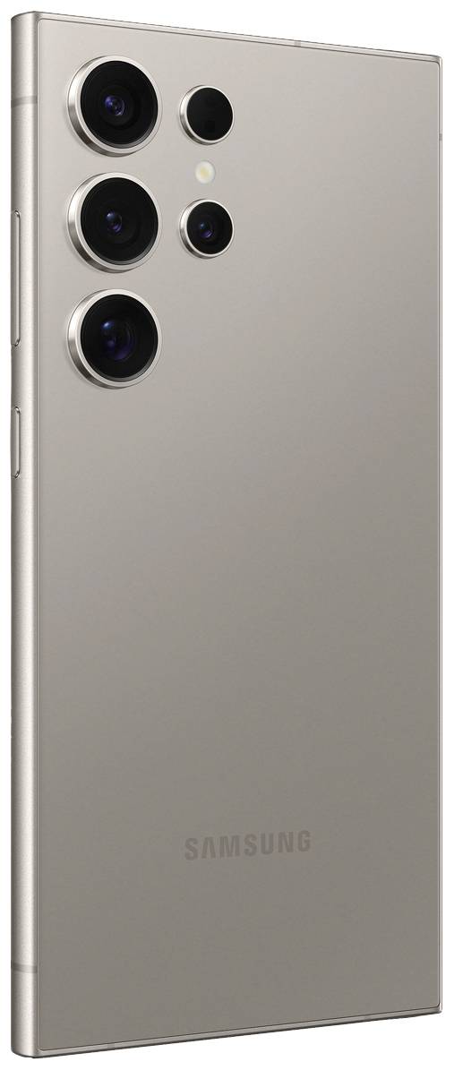 Smartphone in Silber mit vier Kameralinsen und Blitz auf der Rückseite. Das Gerät hat ein schlankes Design und den Markennamen 'Samsung'.