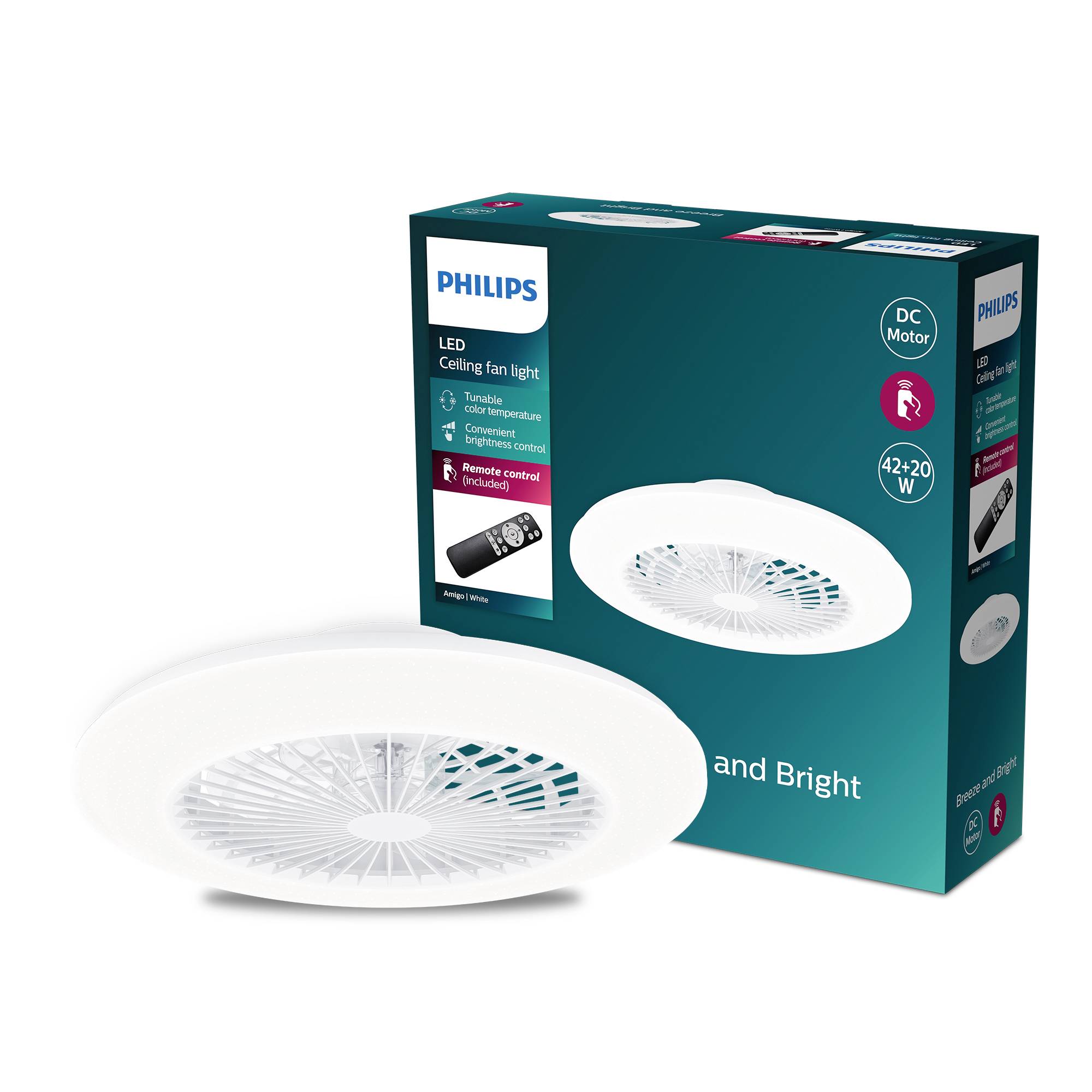 Verpackung eines LED-Deckenventilators mit Fernbedienung. Marke Philips. Leistungsangabe 42-70 W. Abgebildet sind Ventilator und Fernbedienung.