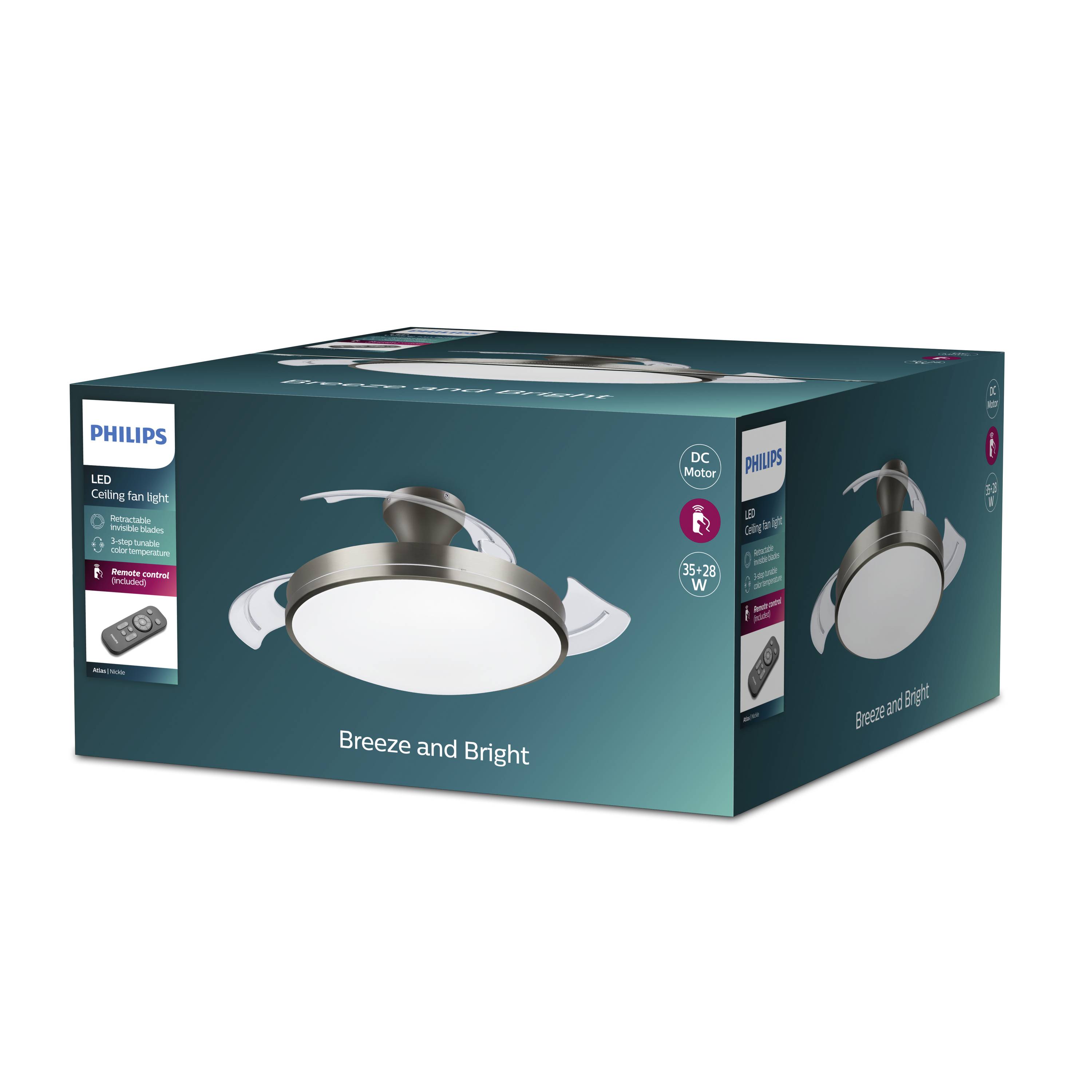 Eine Verpackung einer Philips LED-Deckenleuchte. Zeigt ein Bild der Leuchte, Modellname 'Breeze and Bright', und technische Details.