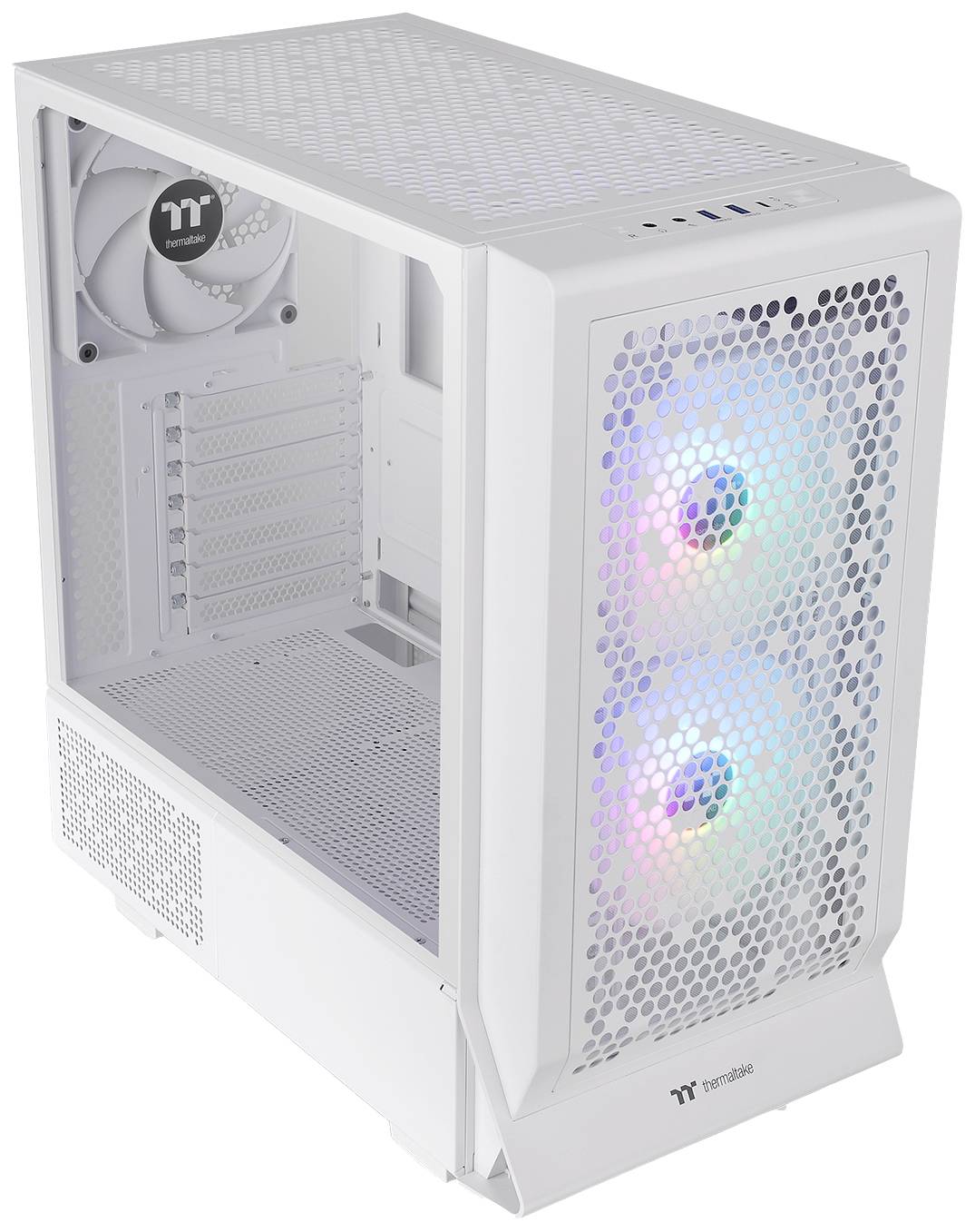 Weißes Computergehäuse mit seitlichem Lüfter und Frontlüftern mit RGB-Beleuchtung. Mesh-Design für optimale Belüftung.