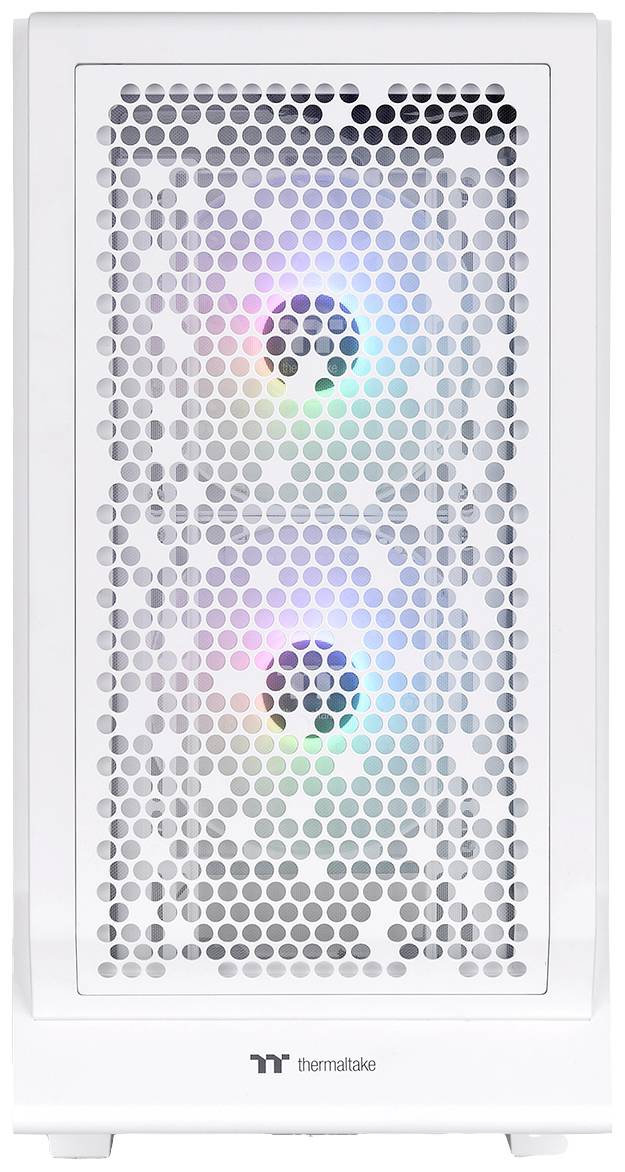 Ein weißes Computergehäuse von Thermaltake mit sichtbaren, beleuchteten Lüftern, die durch das sechseckige Gitter schimmern.
