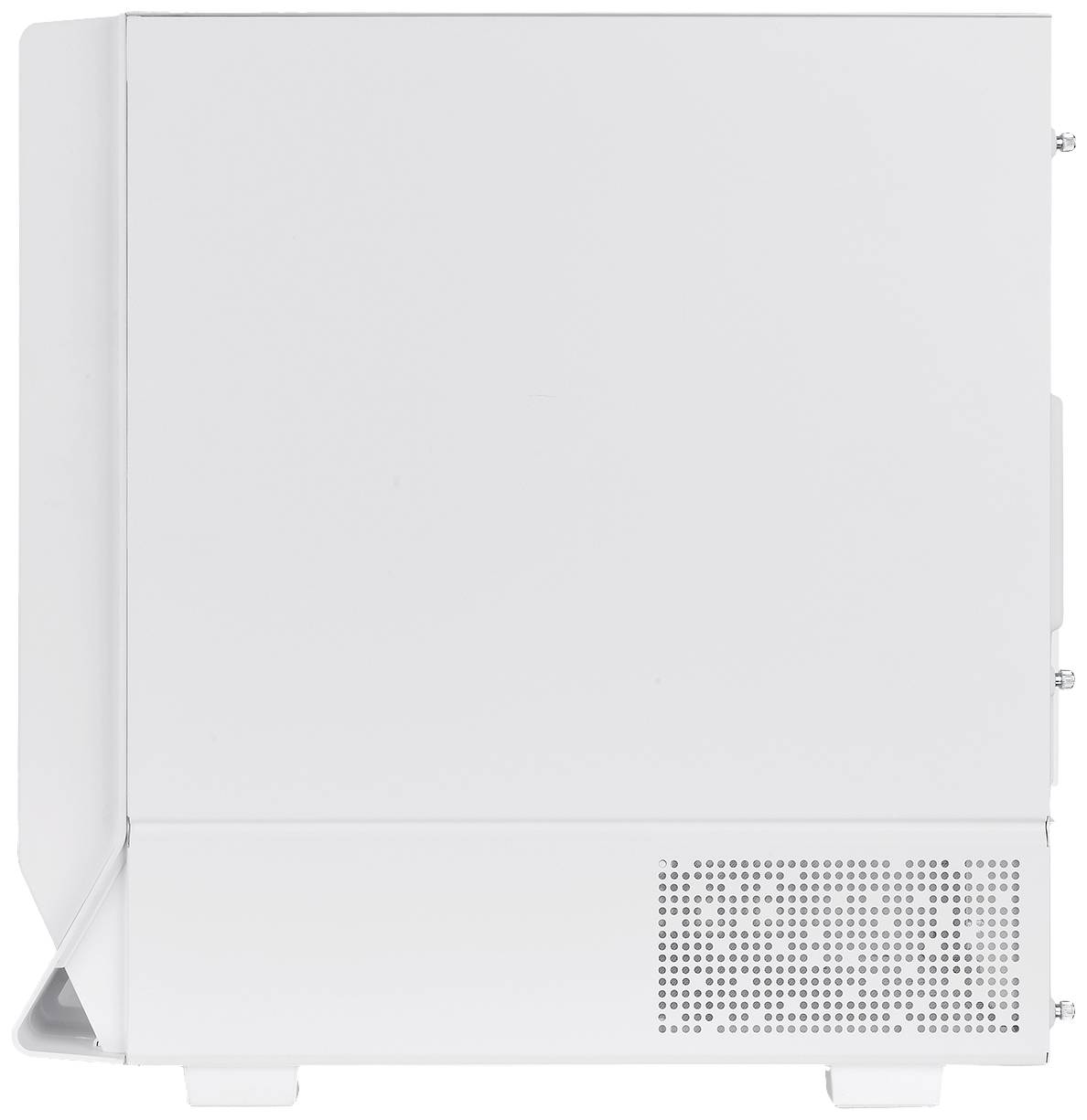 Ein weißes, minimalistisches Computergehäuse mit seitlicher Lüftung. Es steht auf zwei kleinen Füßen und hat eine glatte Oberfläche.