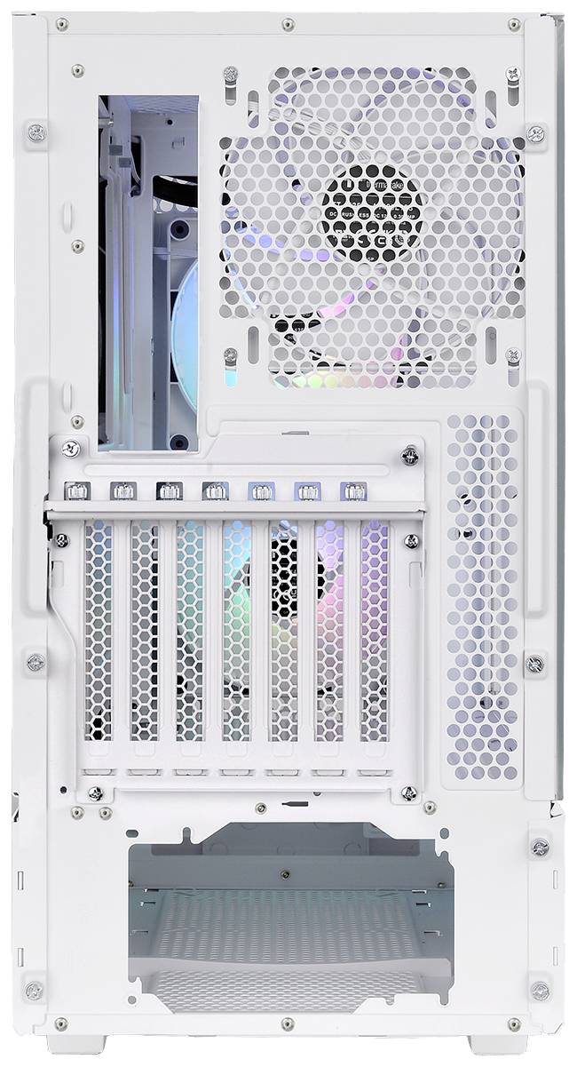 Die Rückseite eines weißen Computergehäuses mit sichtbaren Lüftern und Erweiterungsslots, einige mit Regenbogen-LED-Beleuchtung.