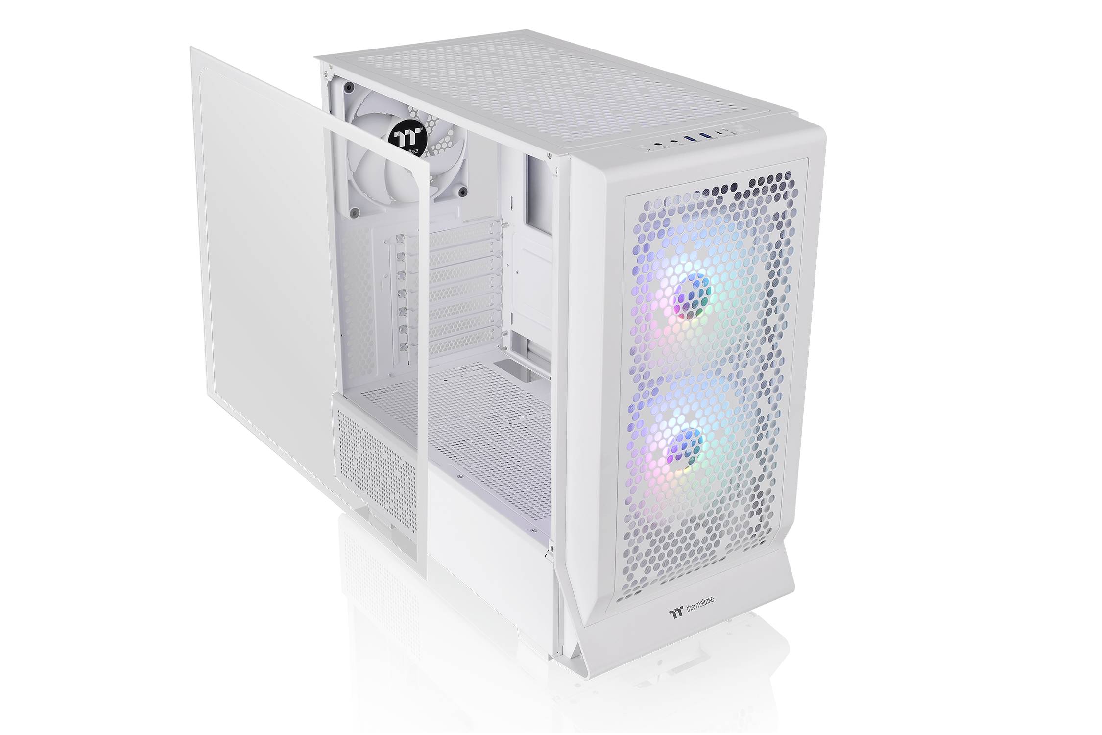 Ein weißes Computergehäuse mit transparenter Seitenwand zeigt zwei beleuchtete Lüfter an der Vorderseite.