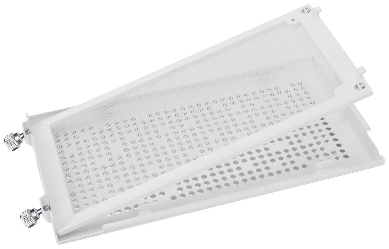 Zwei weiße, perforierte Kunststoffplatten mit Schrauben an den Ecken, übereinander liegend.