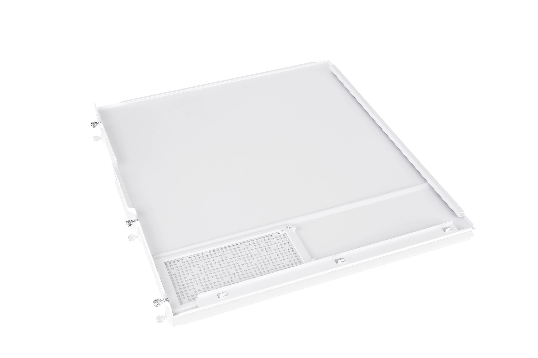 Ein weißer Deckenfilter in quadratischer Form, primär zur Luftreinigung. Auf der unteren Seite befindet sich ein kleines Gittersegment.