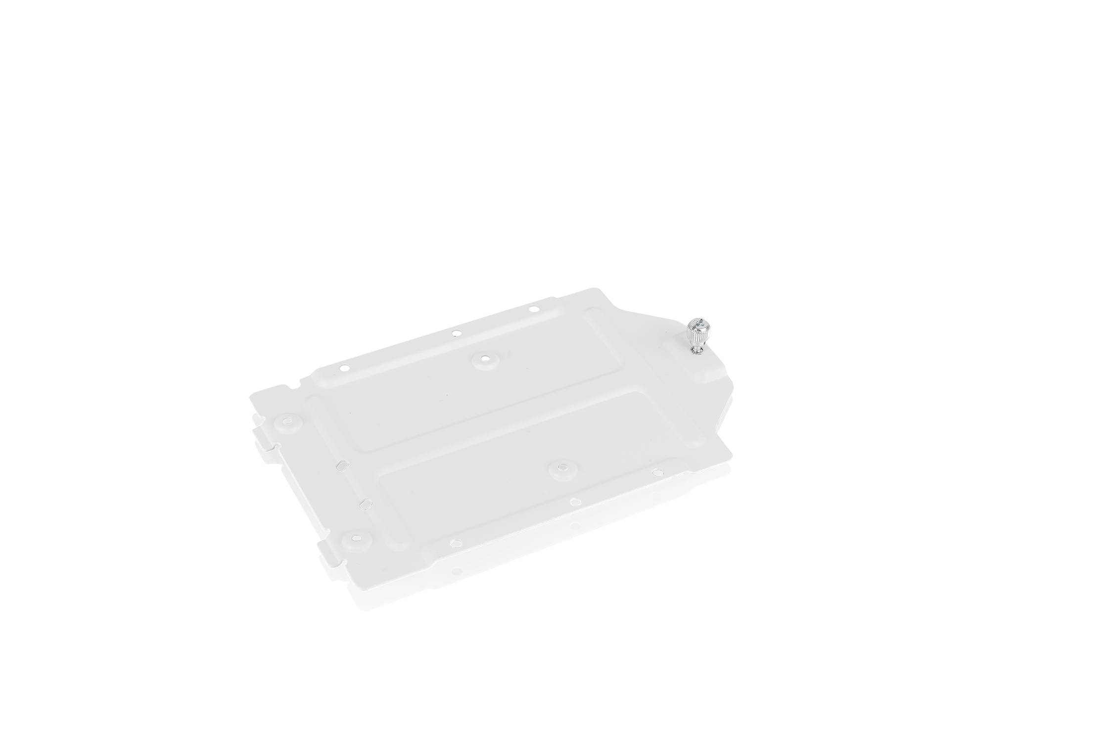 Ein weißes Kunststoffgehäuse mit sichtbarem Schraubloch und Schraube auf einer weißen Oberfläche.