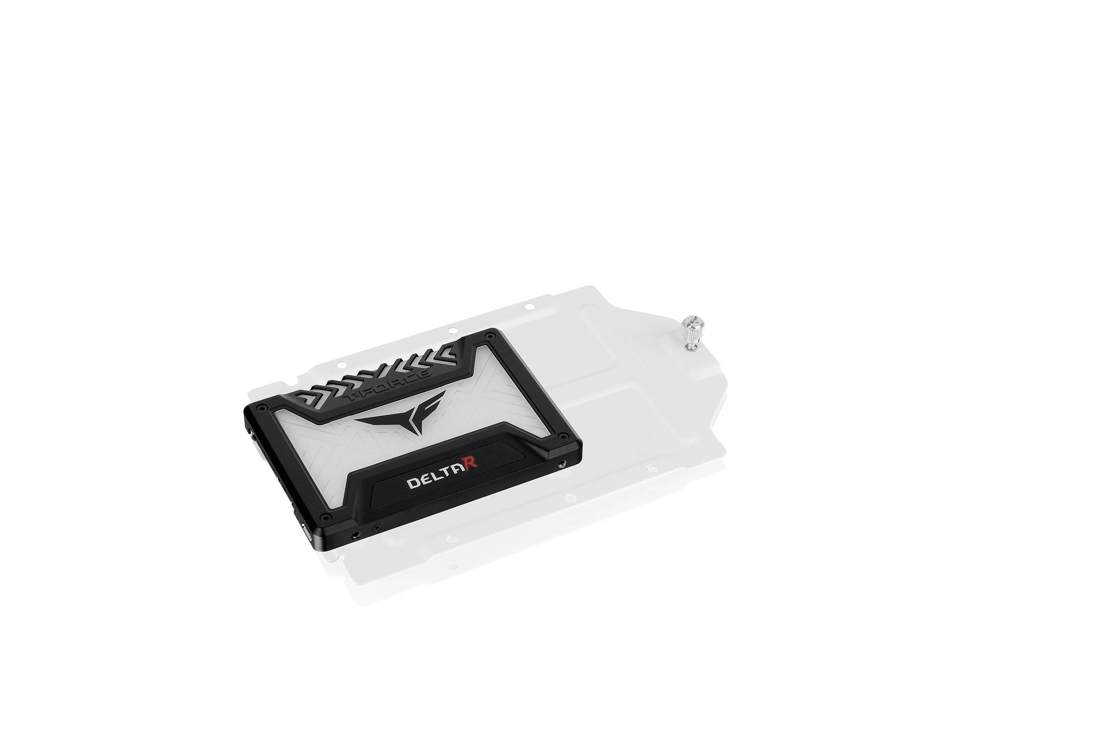 Ein Computer-RAM-Modul mit dem Logo 'DELTA RGB' und einem stilisierten schwarzen Pfeilmuster auf weißem Hintergrund.