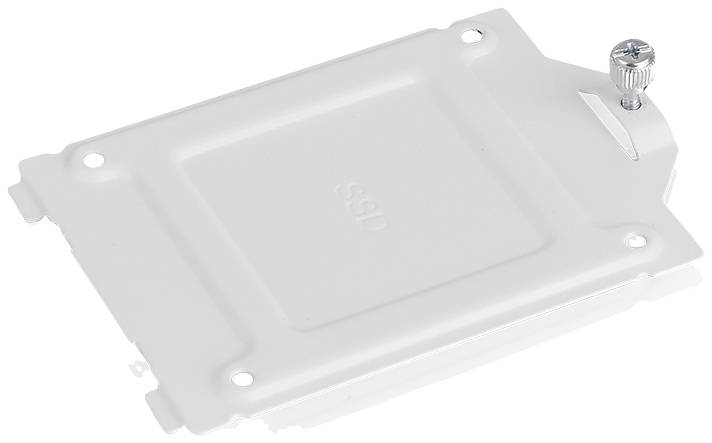 Eine weiße SSD-Halterung mit Metallknopf an der oberen Ecke zur Befestigung in einem Computergehäuse.