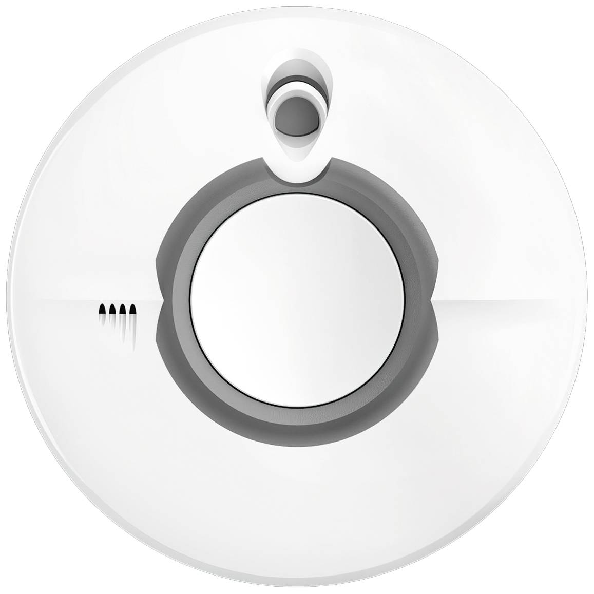 Ein weißer, runder Rauchmelder mit zentralem Sensor und Lüftungsschlitzen oben zur Erkennung von Rauch in Innenräumen.