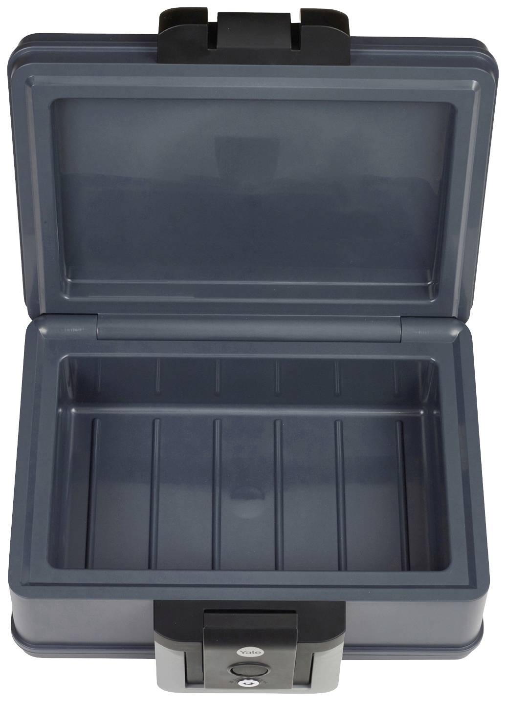 Ein grauer, geöffneter Tresor ohne Inhalt. Er hat einen Zahlenschlossmechanismus.