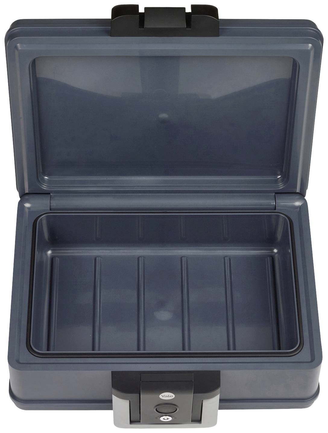 Grauer, offener Tresor mit leerem Innenraum. Die obere Klappe ist hochgeklappt und zeigt einen vertieften, gerillten Boden.