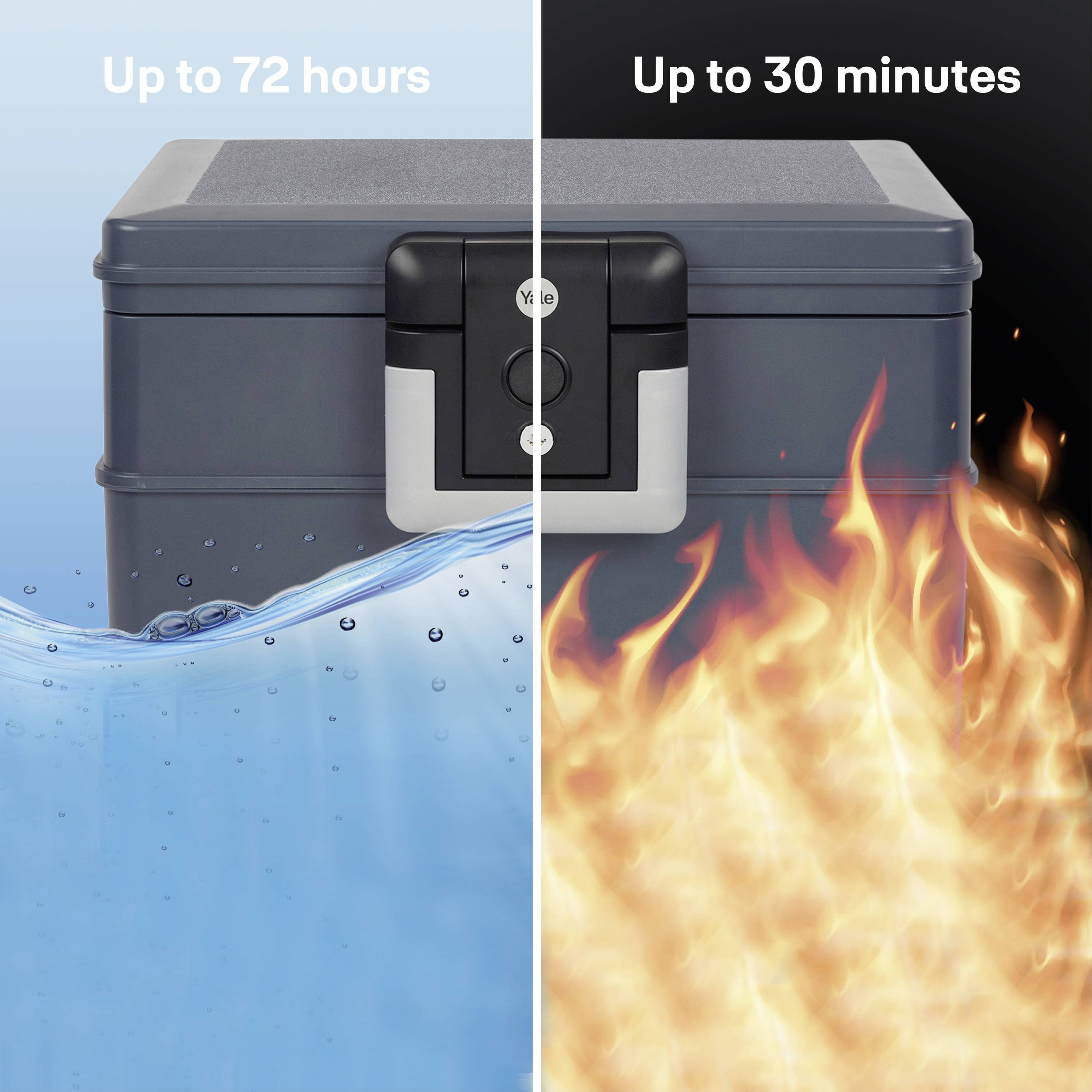 Feuerfester und wasserdichter Tresor: links unter Wasser für bis zu 72 Stunden, rechts in Flammen für bis zu 30 Minuten.
