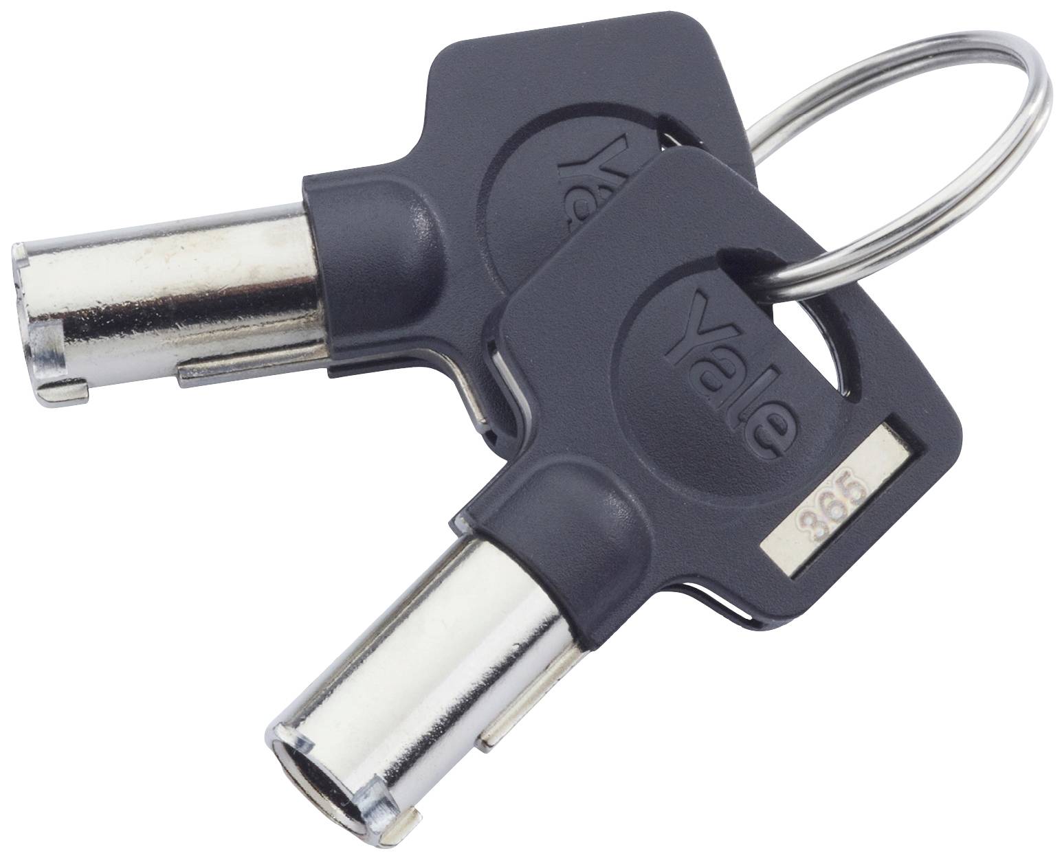 Zwei schwarze Sicherheitsschlüssel mit Metallspitzen, verbunden durch einen Schlüsselring.