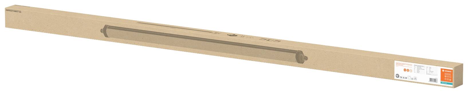 Langes, rechteckiges Paket mit einer Abbildung eines Lampenbalkens und Produktinformationen auf einem Etikett an der Seite.