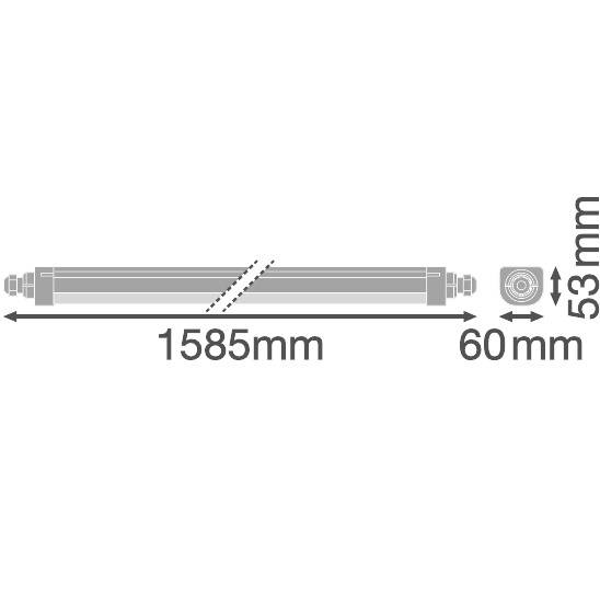 Illustration einer Röhre mit den Maßen: Länge 1585 mm, Durchmesser 60 mm, Höhe 53 mm.