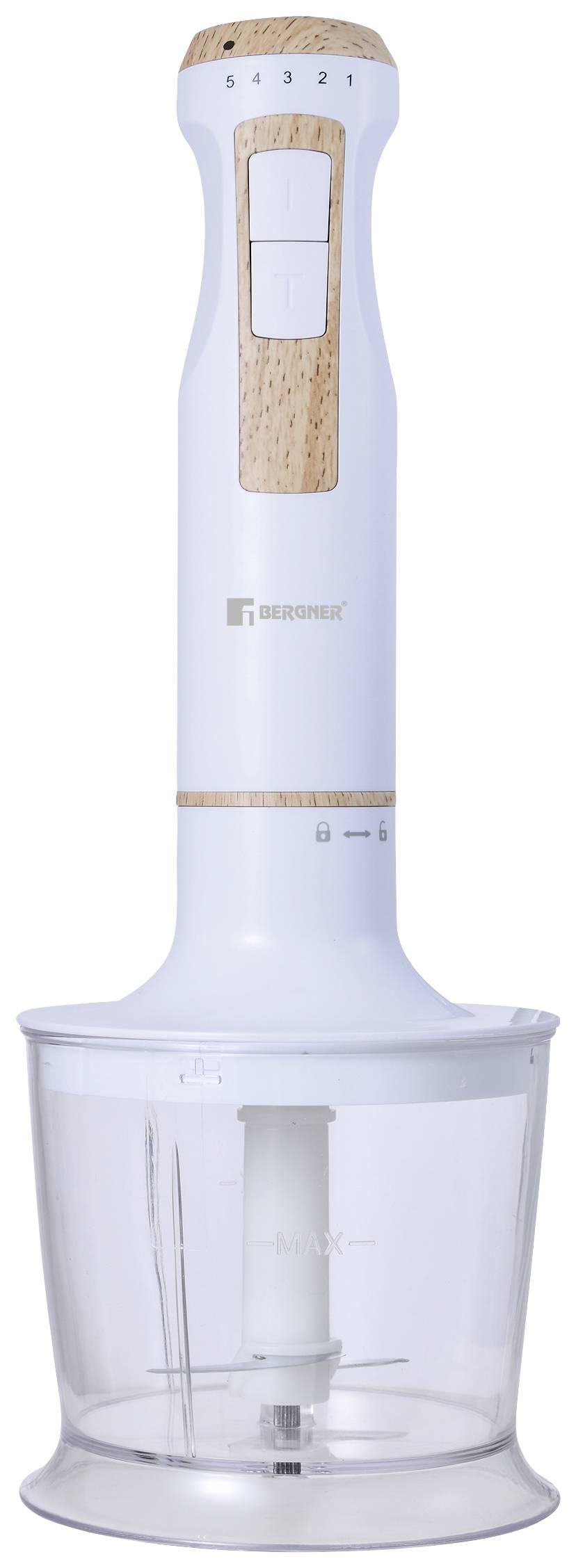 Bergner Stabmixer 800W mit Messbecher, mit Zerkleinereraufsatz Weiß, Holz