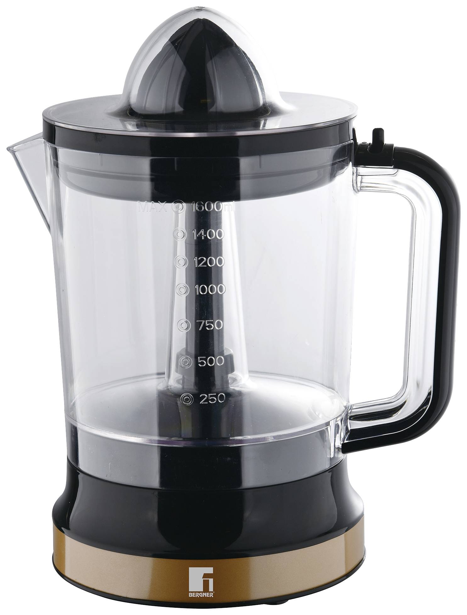 Elektrische Zitruspresse mit transparentem Behälter, Messskala bis 1300 ml, schwarzem Griff und Deckel, auf schwarzer Basis.