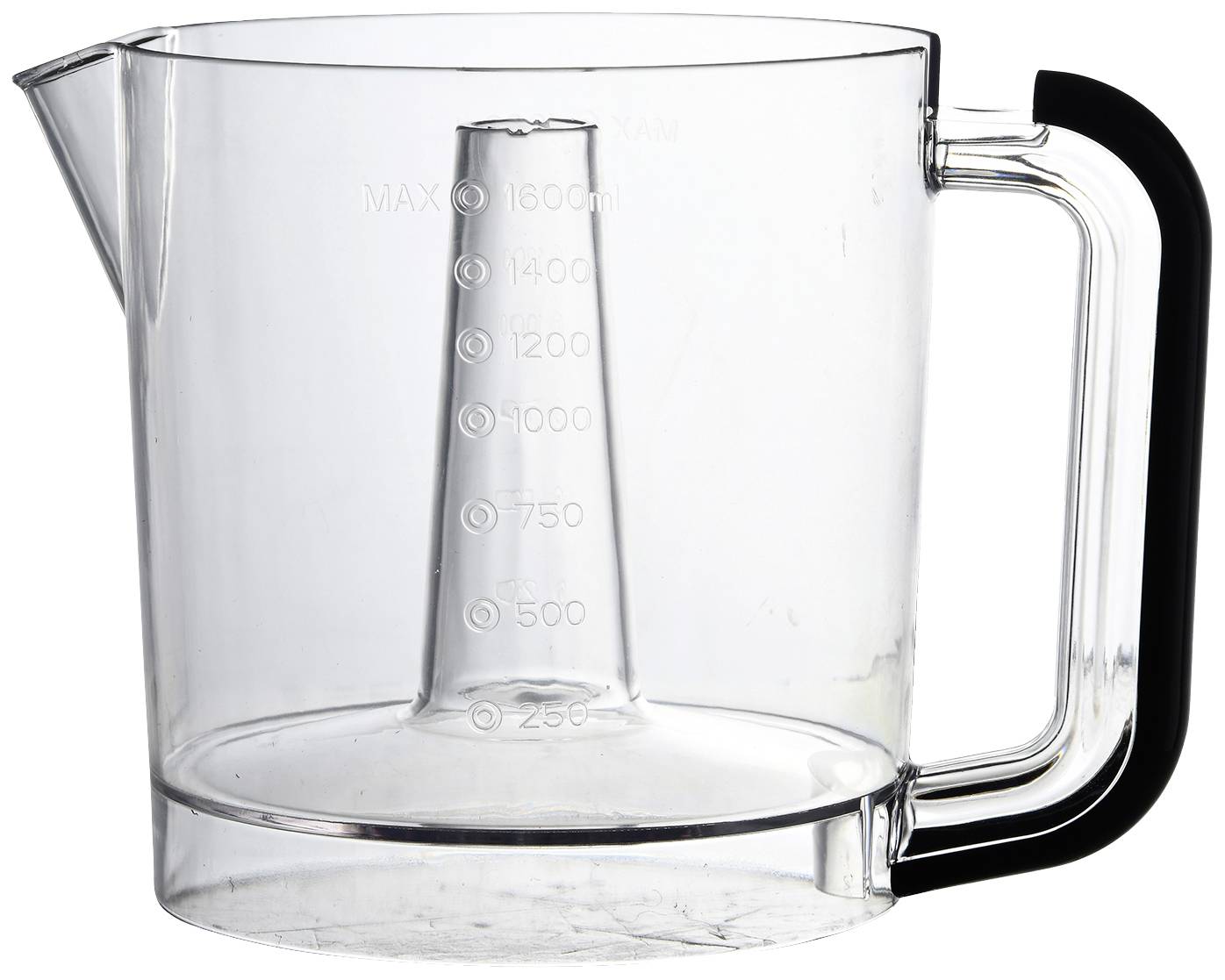 Ein transparenter Messbecher aus Plastik mit Skala bis 1600 ml, ausgestattet mit einem Griff und einer spitzen Tülle zum Ausgießen.