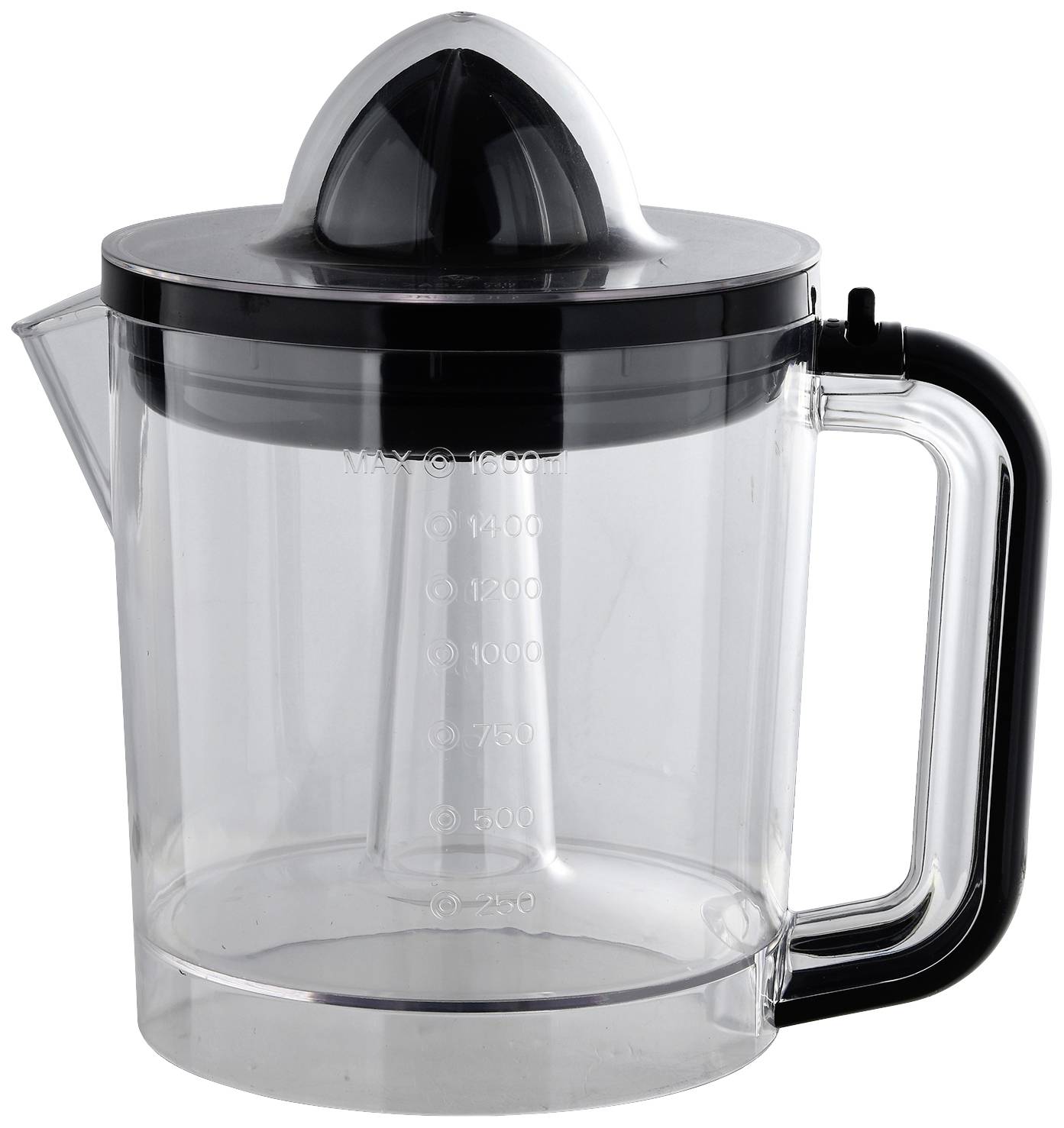 Karaffe aus klarem Kunststoff mit schwarzem Deckel und integriertem Zitronenpresse. Messmarkierungen an der Seite.