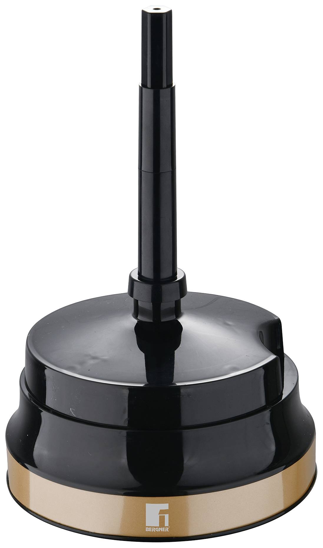 Ein schwarzer, runder Halter mit platten Boden und einem langen, schlanken Griff oben, möglicherweise ein Stempelhalter.