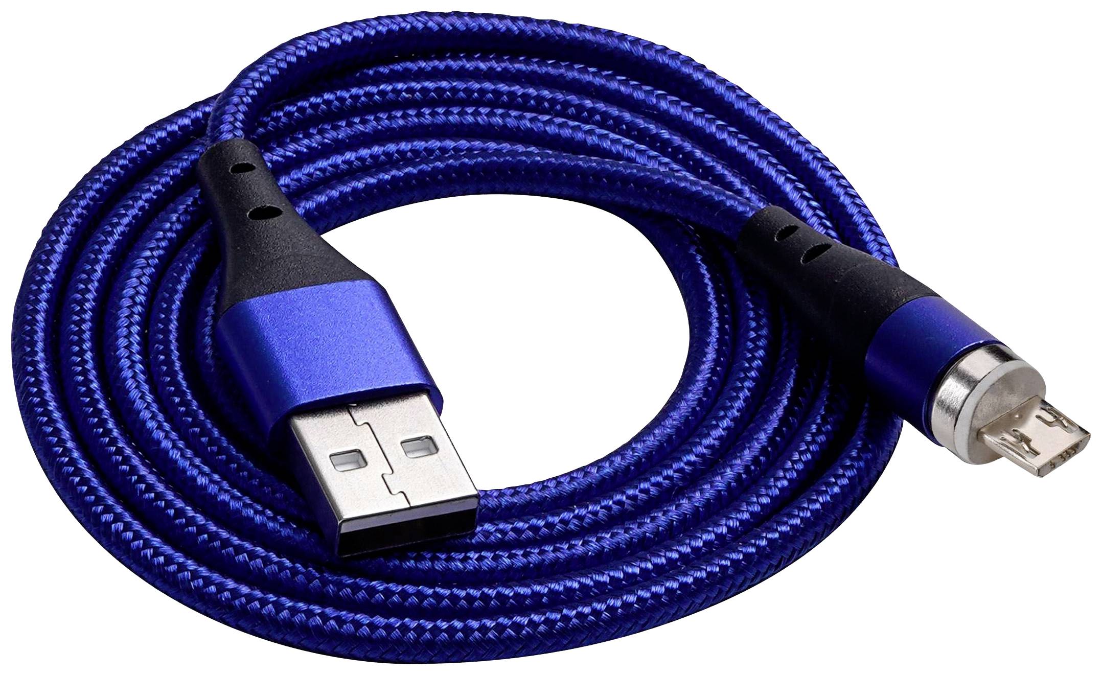 Blaues USB-zu-Micro-USB-Kabel, gewickelt, zum Laden und Verbinden von Geräten.
