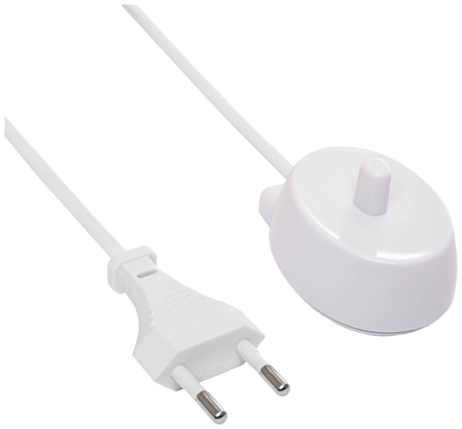 Ein weißes Netzkabel mit einem EU-Stecker an einem Ende und einem rundlichen Adapter am anderen Ende.