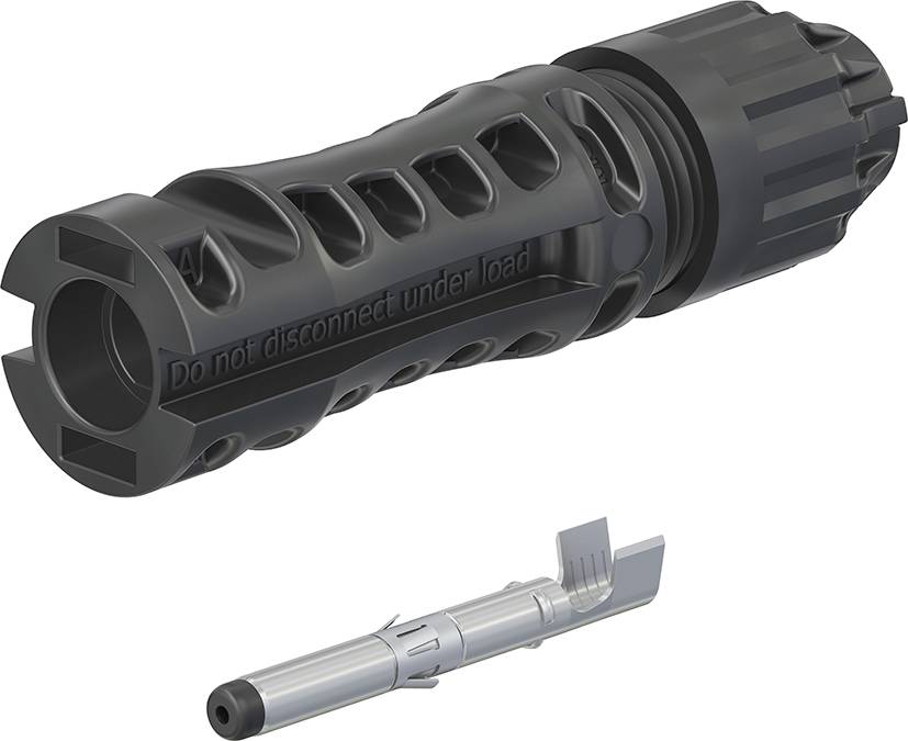 Schwarzer elektrischer Steckverbinder mit der Aufschrift 'Do not disconnect under load'; darunter ein Metallstift.