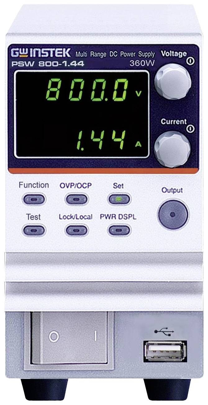 Ein Labornetzgerät mit digitaler Anzeige zeigt '800.0V' und '1.44A'. Es gibt Knöpfe für Spannung, Strom und verschiedene Funktionen.