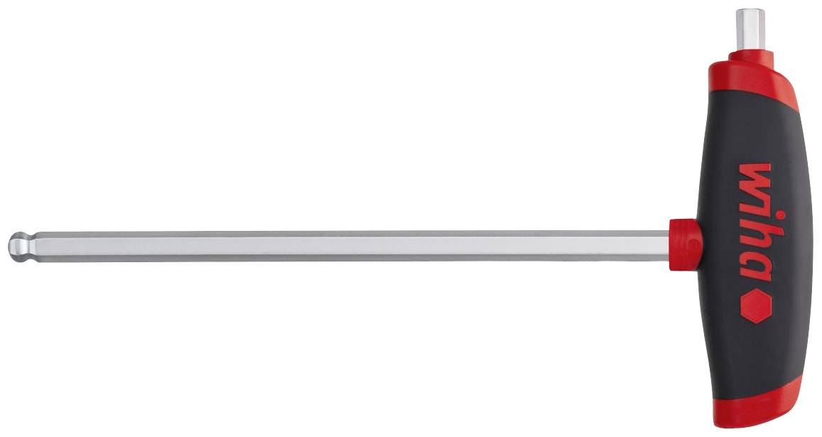 T-Griff Sechskantschlüssel von Wiha mit schwarzem und rotem Griff, langem Metallstab, und kugelförmigem Ende zum Schrauben.