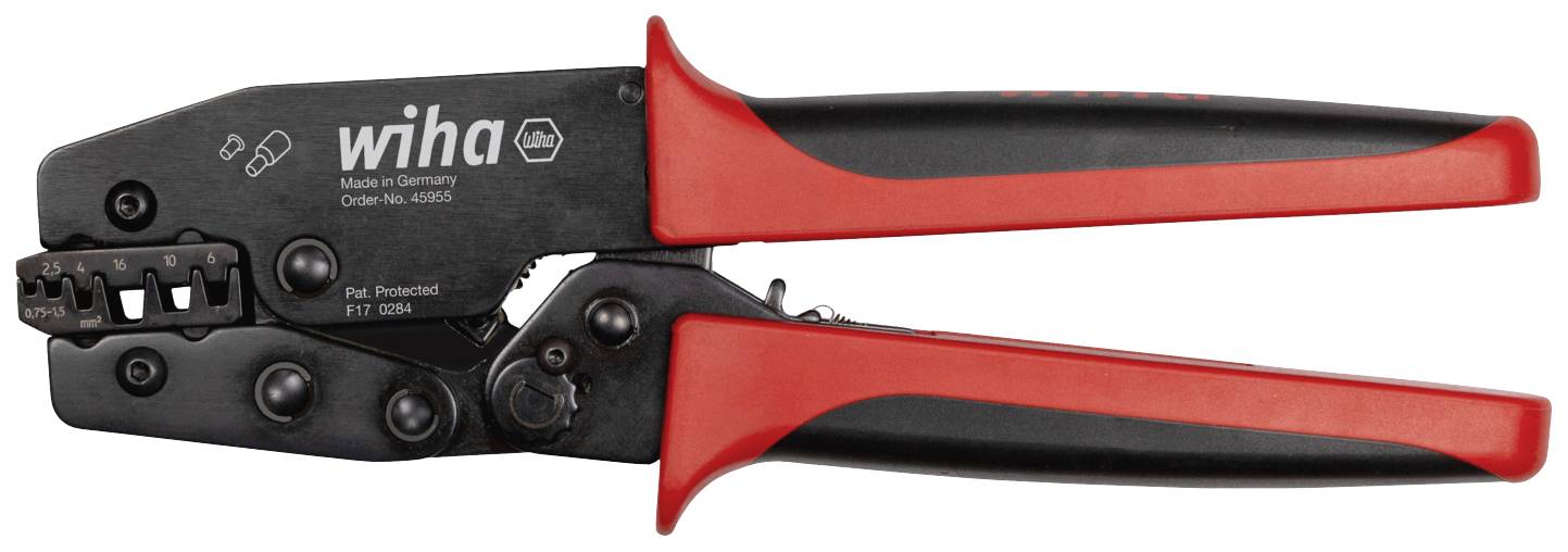 Zange mit rotem Griff und schwarzem Kopf, Marke 'Wiha', gefertigt in Deutschland, Modellnummer 40955, für professionelle Anwendungen.