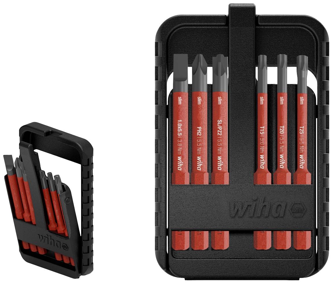 Schraubendreher-Set im Etui, kompaktes Design. Enthält verschiedene Bits mit unterschiedlicher Größe, rot und schwarz, von der Marke Wiha.