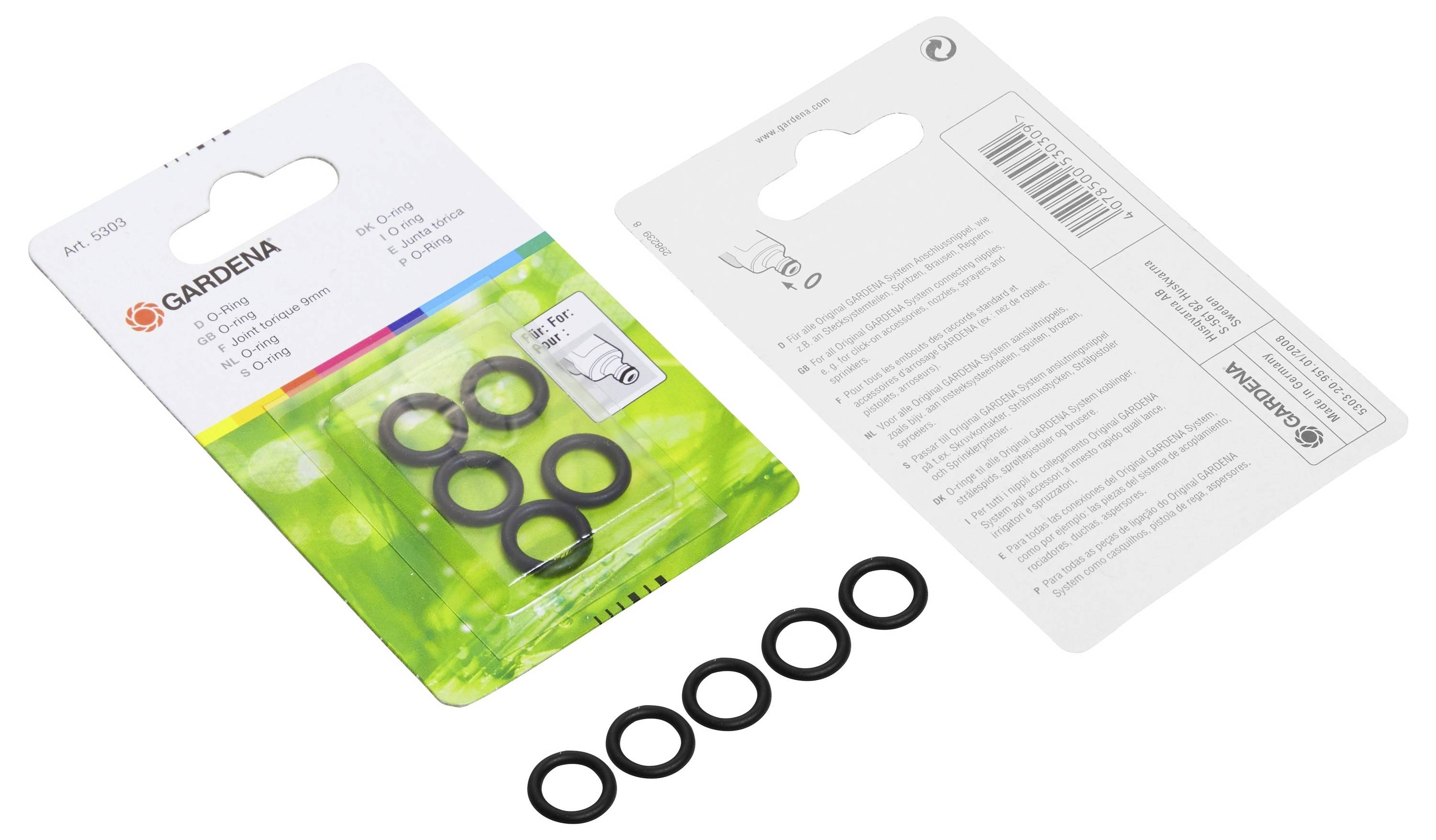 Gardena O-Ringe 1123. Zwei Packungen mit O-Ringen, eine zeigt fünf schwarze O-Ringe durch klaren Kunststoff, die andere zeigt Produktdetails.